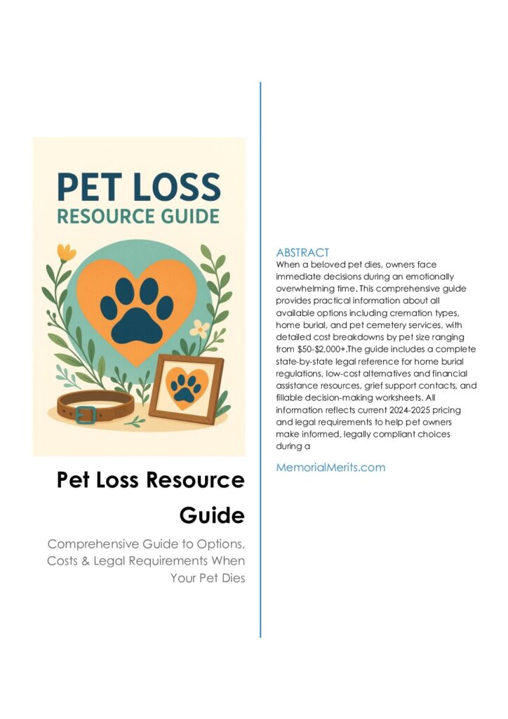 First page preview of the Pet Loss Resources Guide from Memorial Merits covering grief support, memorial options, and coping strategies for pet owners