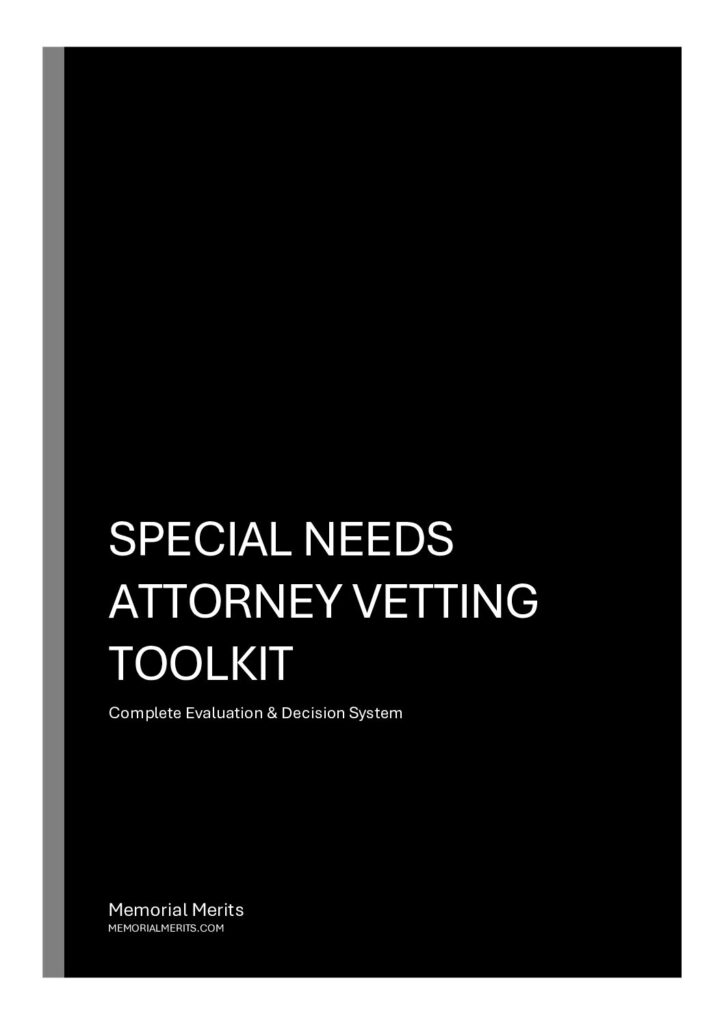 First page preview of the Special Needs Attorney Vetting Toolkit from Memorial Merits with evaluation criteria for finding qualified special needs estate planning attorneys