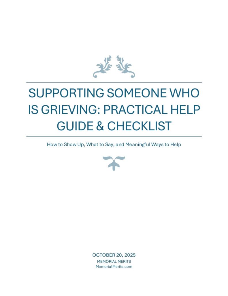 First page preview of the Supporting Someone Grieving Checklist from Memorial Merits with practical guidance on how to help a grieving person