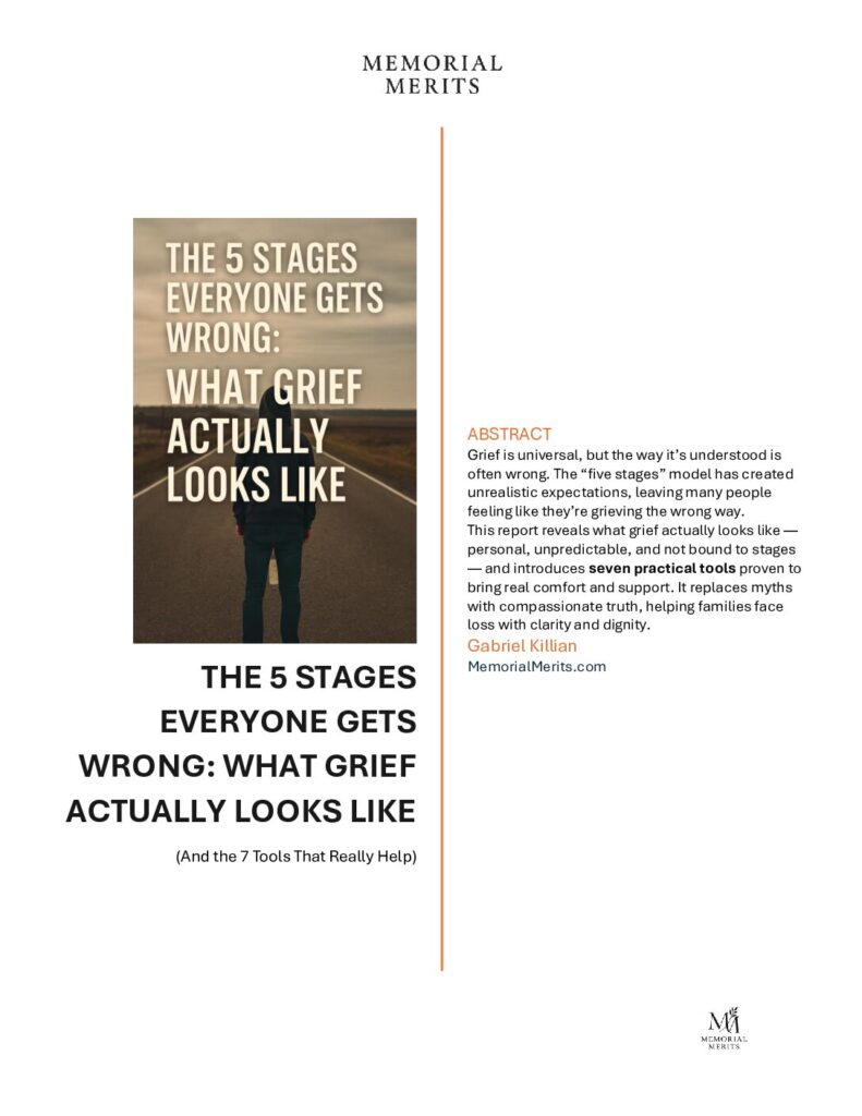 First page preview of The 5 Stages Everyone Gets Wrong from Memorial Merits correcting common misconceptions about the Kubler-Ross grief model