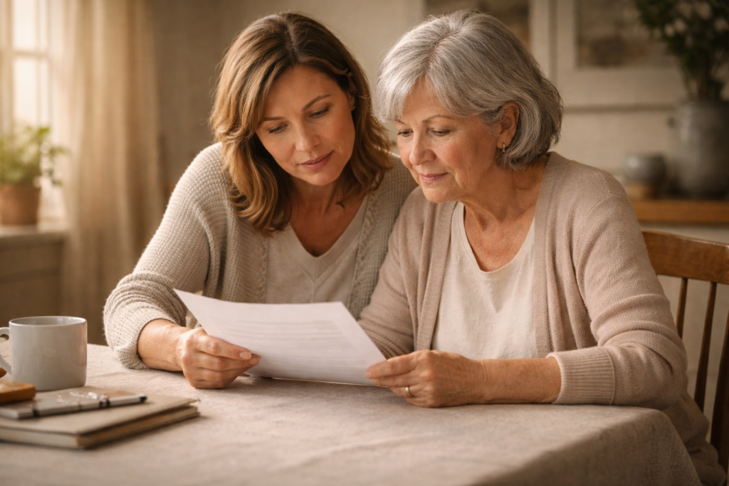 Adult daughter and elderly mother reviewing cremation pre-planning membership documents together at home