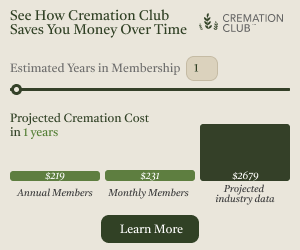 Animated graphic showing how Cremation Club membership saves money compared to projected industry cremation costs over time, with annual and monthly member pricing versus the industry average