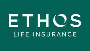 Ethos Life Insurance logo with white text on dark green background