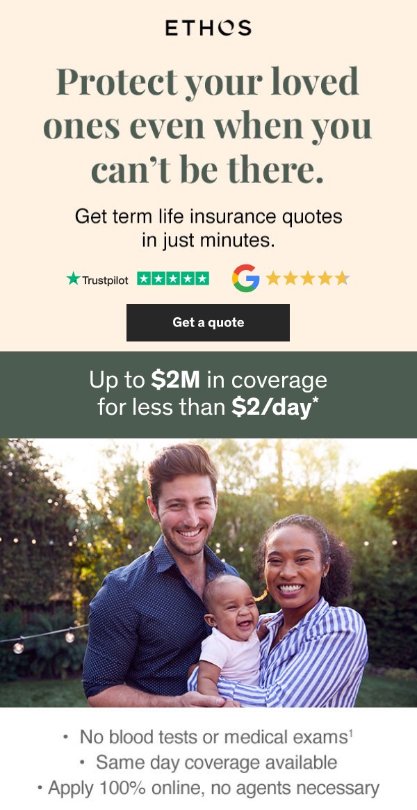 Ethos life insurance promotional image showing Trustpilot and Google ratings, family coverage starting under $2 per day