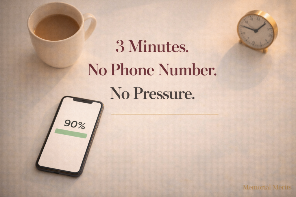 Overhead view of a smartphone showing a nearly completed insurance questionnaire next to a coffee mug and clock representing how Everyday Life Insurance provides an anonymous life insurance quote in three minutes without requiring a phone number or email