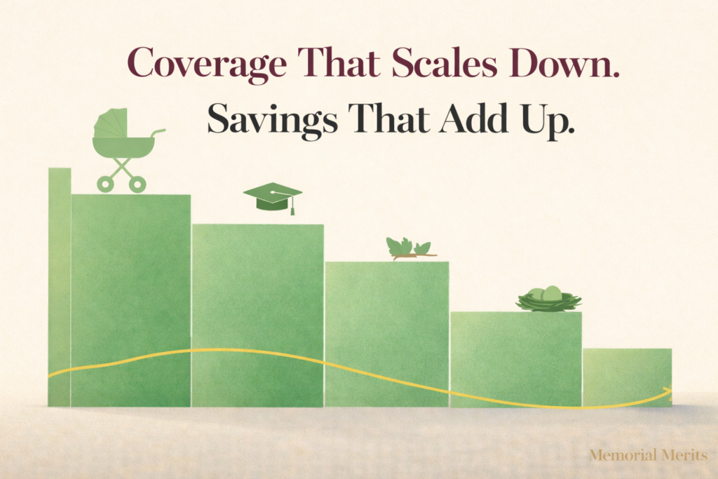 Infographic showing how Everyday Life Insurance Predictive Protection scales coverage down in steps as family needs decrease from young children through graduation to empty nest while premium savings increase over time
