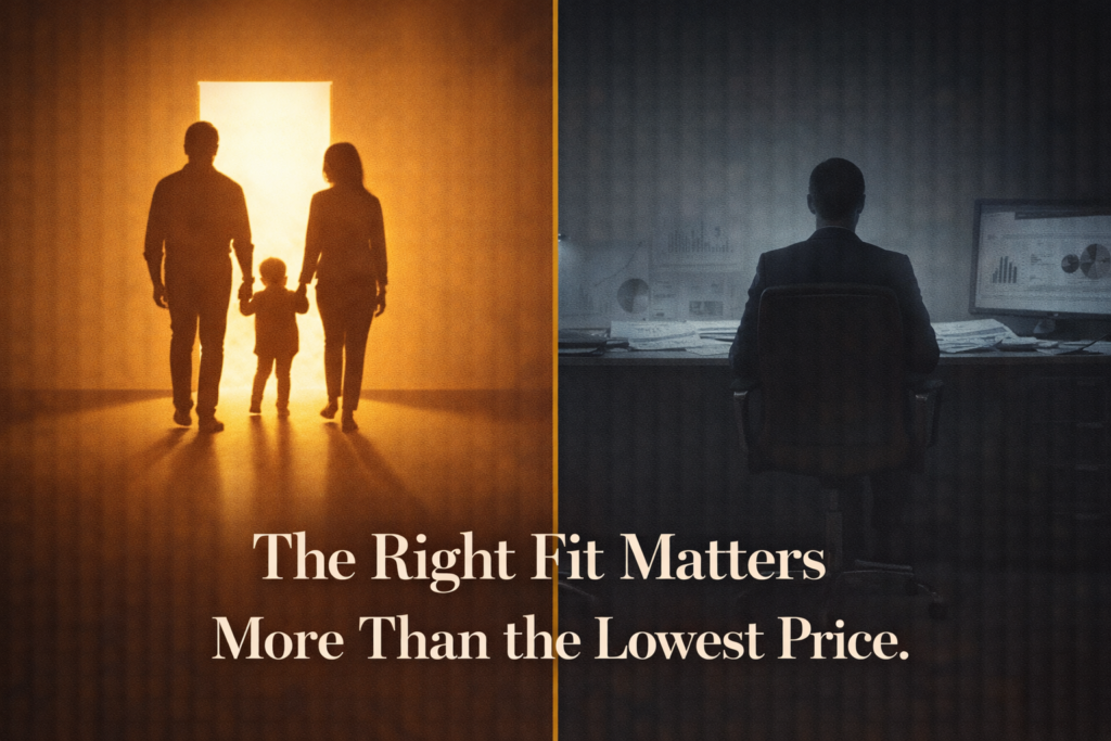 Split editorial image contrasting young families walking toward warm light who are ideal candidates for Everyday Life Insurance with complex financial planning scenarios where specialized products would serve better