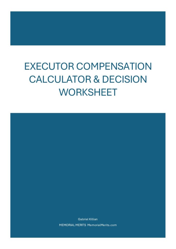 First page preview of the Executor Compensation Calculator Worksheet from Memorial Merits for determining reasonable executor fees