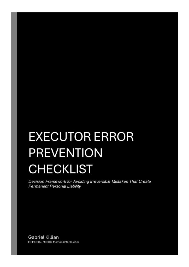 First page preview of the Executor Error Prevention Checklist from Memorial Merits showing decision frameworks for avoiding irreversible executor mistakes