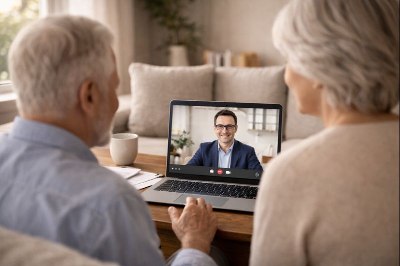Couple participating in free retirement income consultation with licensed advisor via video call representing Annuity.org no-pressure guidance