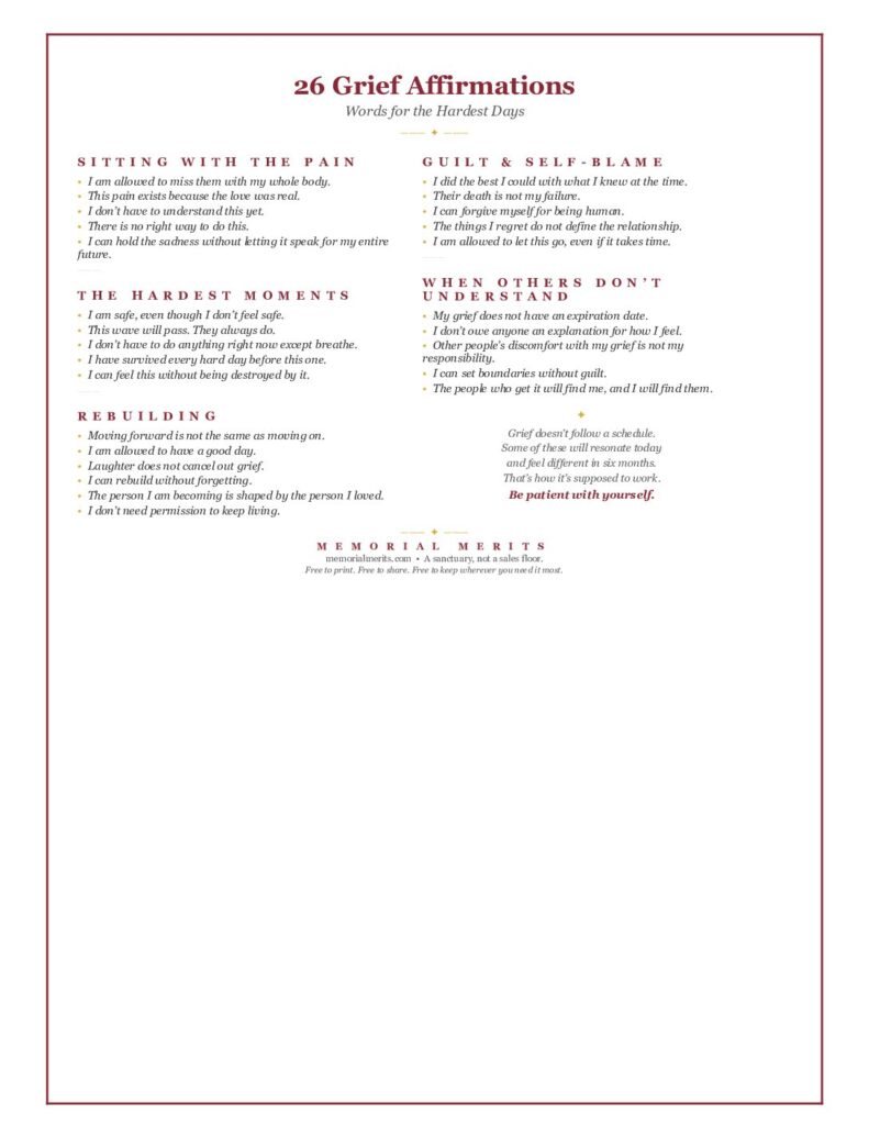 First page preview of the 26 Grief Affirmations Reference Sheet from Memorial Merits organized by emotional experience with research-backed affirmations