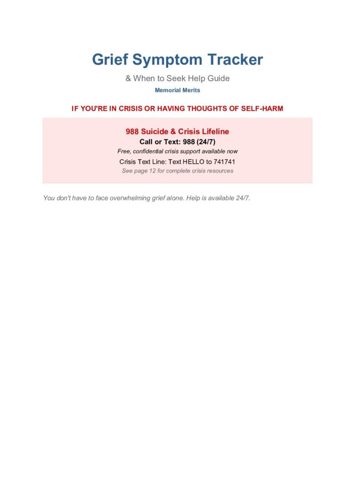 First page preview of the Grief Symptom Tracker from Memorial Merits for monitoring grief symptoms and identifying when professional help may be needed