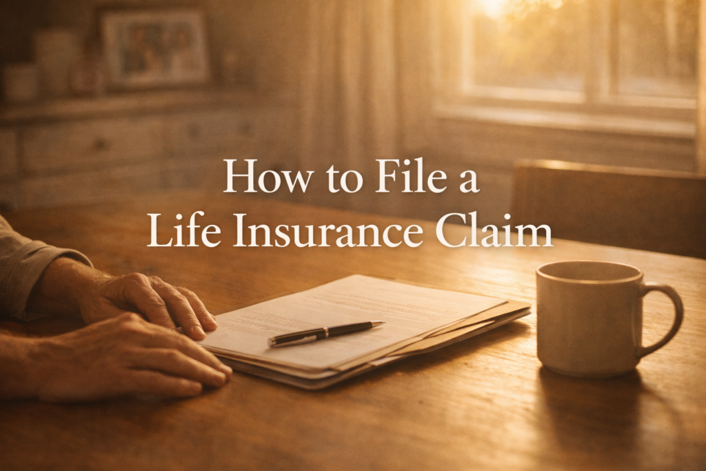 Warm morning kitchen table with organized life insurance documents and folder ready for filing a claim after the loss of a loved one