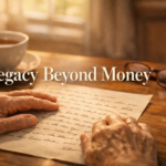 Elderly hands resting on a handwritten legacy letter on a warm wooden kitchen table with golden afternoon light streaming through the window