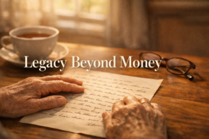 Elderly hands resting on a handwritten legacy letter on a warm wooden kitchen table with golden afternoon light streaming through the window