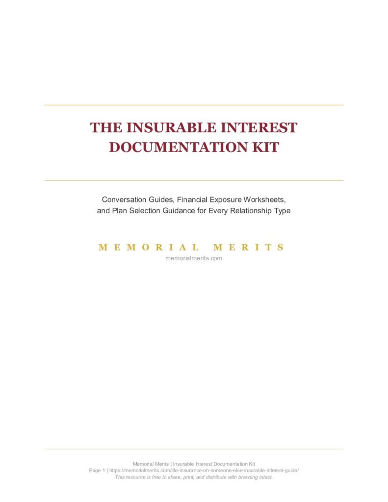Cover of The Insurable Interest Documentation Kit, a free 16-page workbook from Memorial Merits covering conversation guides, financial exposure worksheets, and plan selection for non-standard life insurance situations