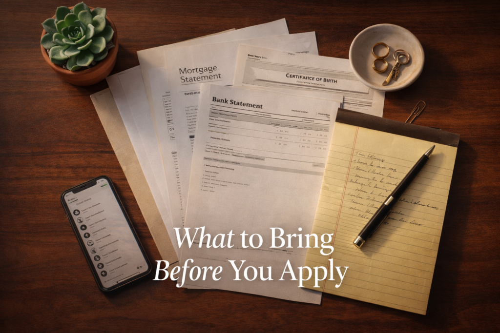 Overhead photograph of organized documents including mortgage statements and birth certificates representing preparation for a life insurance application requiring insurable interest proof
