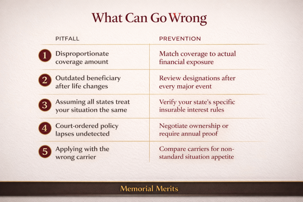 Infographic listing five common insurable interest mistakes including disproportionate coverage and outdated beneficiaries with specific prevention steps for each