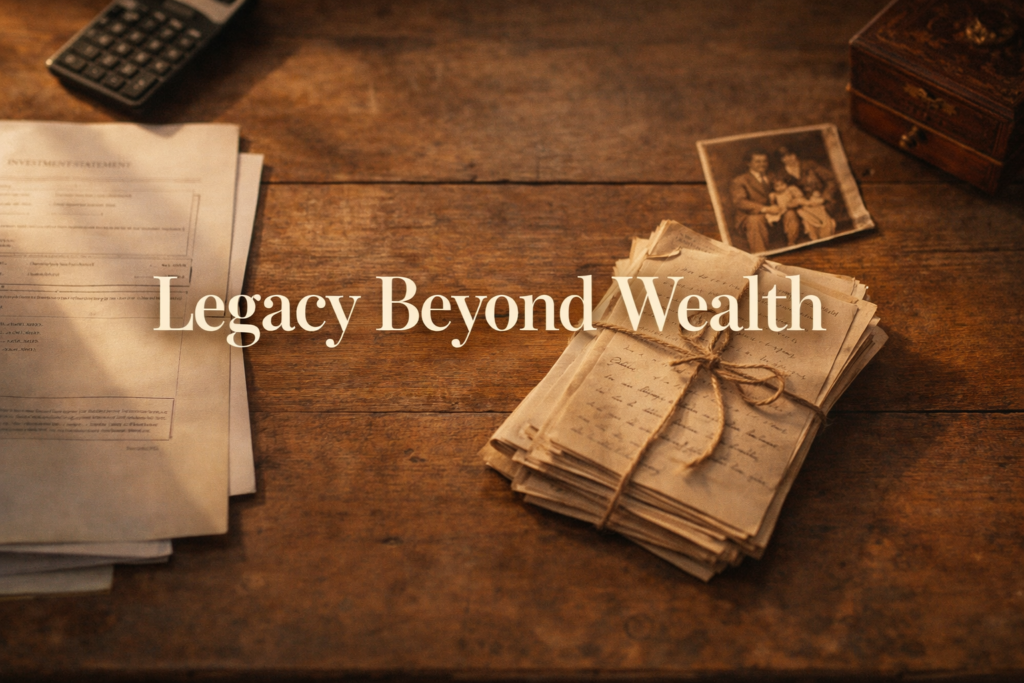 Weathered wooden desk showing contrast between financial documents and personal legacy keepsakes including handwritten letters and family photographs in warm golden light