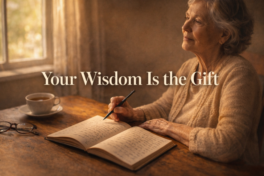 Senior woman pausing thoughtfully while writing in a legacy journal at a sunlit desk with warm afternoon light and a cup of tea nearby