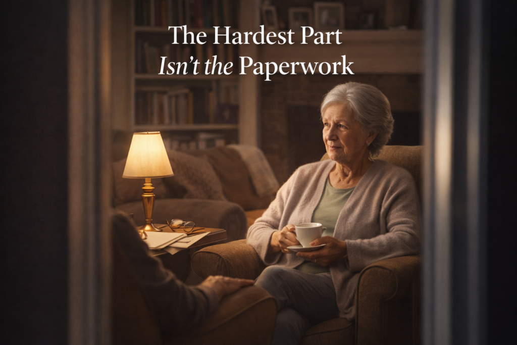 Warm photograph of an older woman in her living room during a thoughtful conversation representing the emotional challenge of discussing life insurance with aging parents
