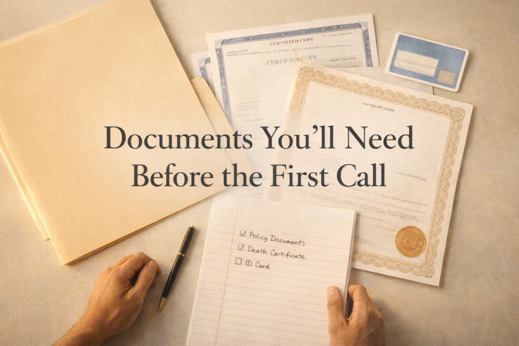 Organized desk with life insurance claim documents, certified death certificates, identification, and preparation checklist for filing a beneficiary claim