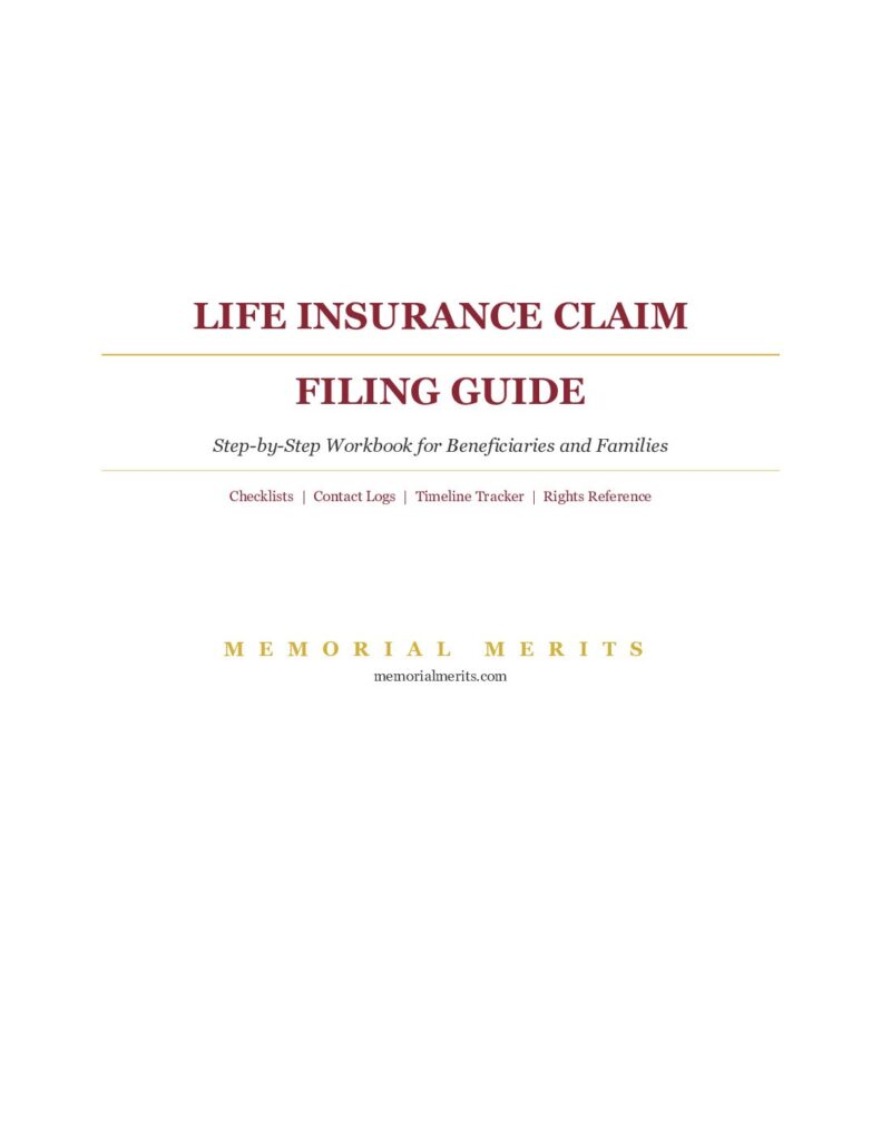 Life Insurance Claim Filing Workbook cover page with burgundy and gold Memorial Merits branding for beneficiaries and families