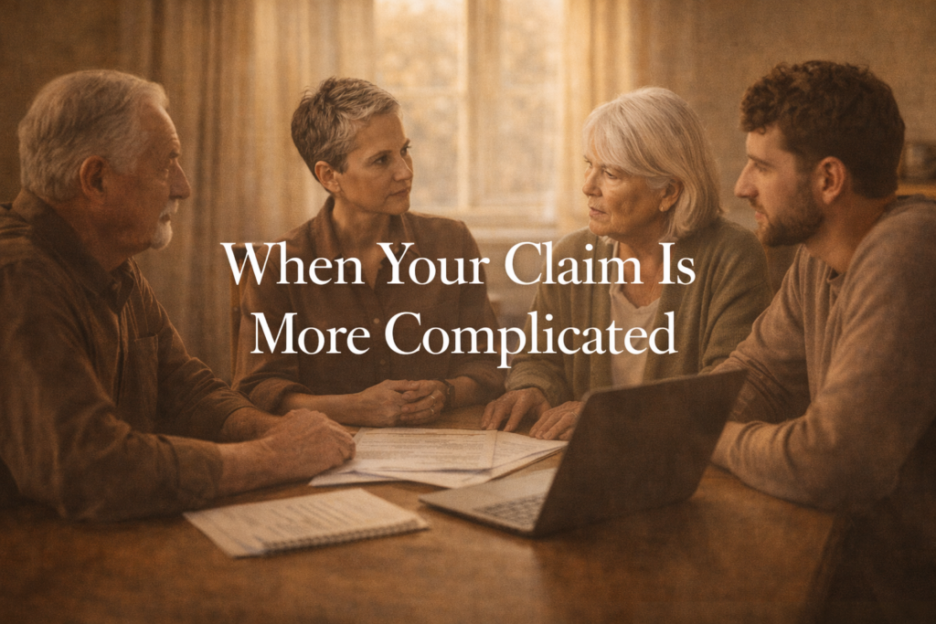 Multigenerational family discussing complicated life insurance claim circumstances involving trusts, minor beneficiaries, and contested designations