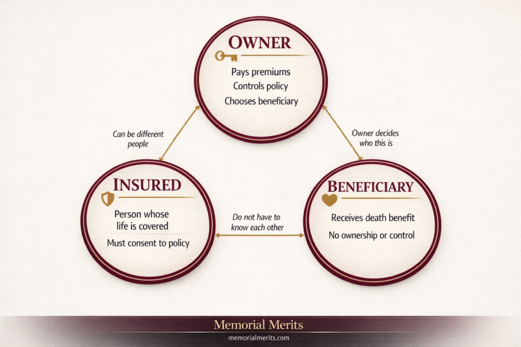 Infographic explaining the three roles in a life insurance policy showing that the owner controls the policy, the insured is the person covered, and the beneficiary receives the death benefit