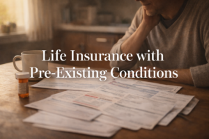 Person reviewing medical documents and life insurance paperwork at a kitchen table in warm morning light, representing the process of navigating life insurance with pre-existing health conditions