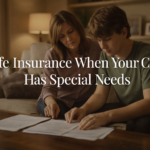 Parent and young adult child reviewing life insurance documents together in a warm living room setting, representing special needs family financial planning