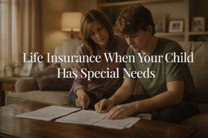 Parent and young adult child reviewing life insurance documents together in a warm living room setting, representing special needs family financial planning