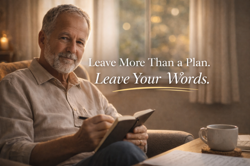 Grandfather sitting in a sunlit armchair reflecting on the personal messages he is leaving for his family through LVED