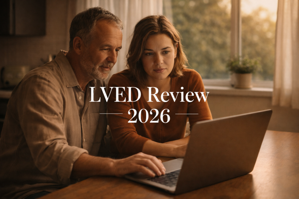 Adult child and parent reviewing LVED estate planning platform together on a laptop, warm afternoon kitchen setting