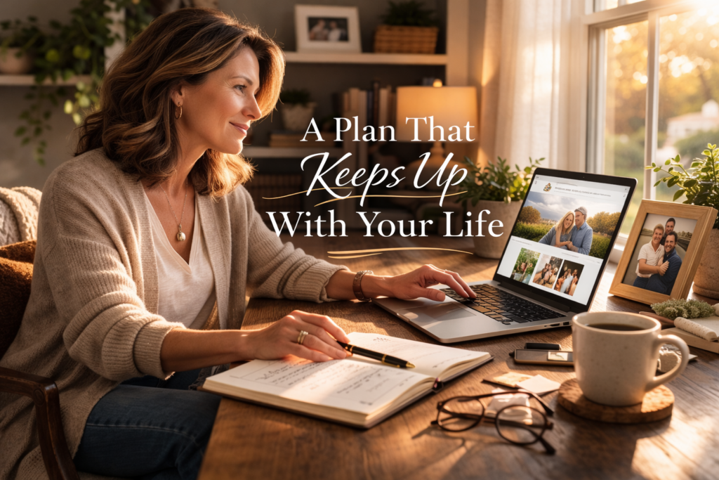 Woman reviewing her estate plan on a laptop at a home desk, representing LVED's guided digital estate planning process