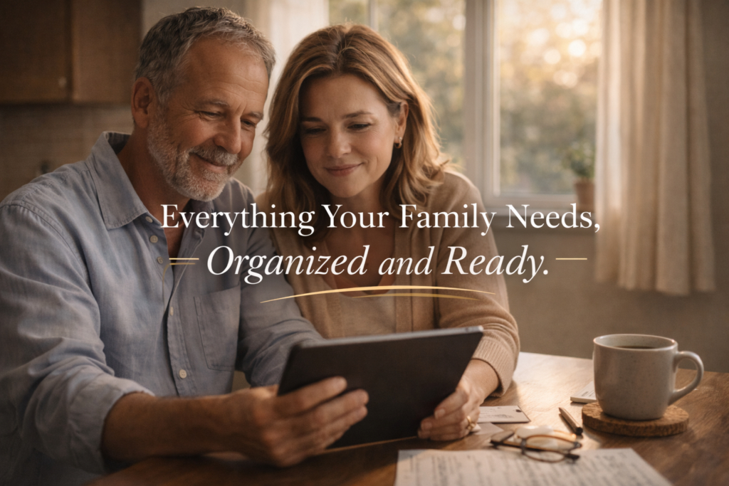 Older couple reviewing digital estate documents together on a tablet, representing LVED's secure vault and shared family access features