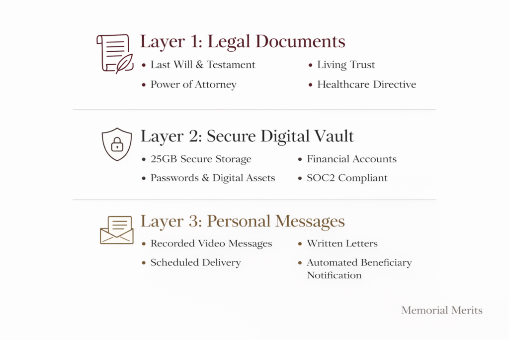 Infographic showing LVED's three-layer estate planning system: legally valid documents, a 25GB secure digital vault, and personal message delivery to loved ones