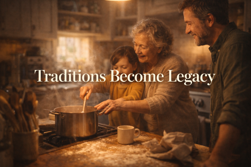Grandmother guiding grandchild's hands while cooking together in a warm family kitchen with golden light and other family members nearby