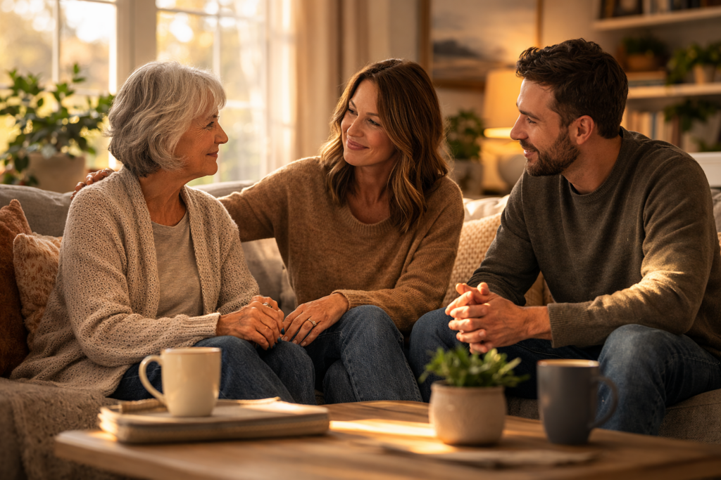 Multi-generational family gathered in a living room having a calm conversation about end of life planning, natural warm light, relaxed and supportive atmosphere