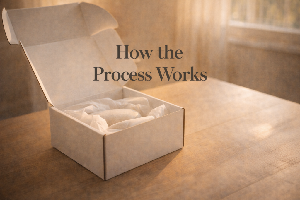 Clean white Parting Stone collection kit box partially open on a wooden table with warm golden light, showing the approachable at-home shipping process for cremation remains