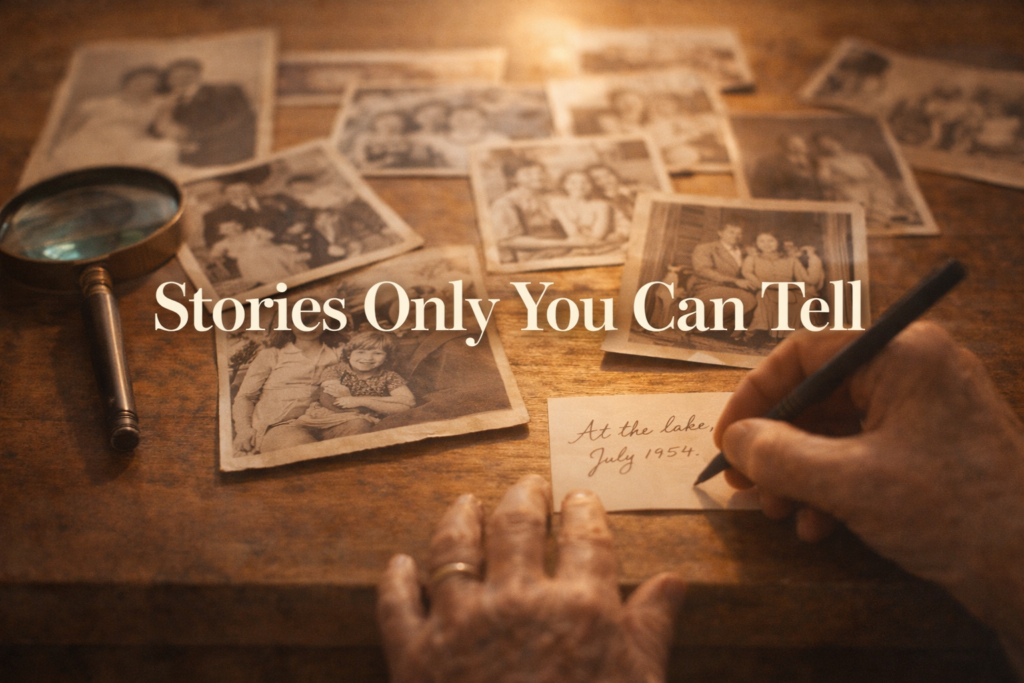 Hand writing a caption beside vintage family photographs spread across a warm kitchen table with golden light and a magnifying glass nearby