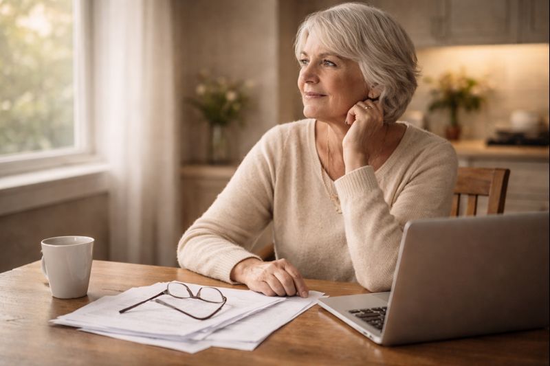 Woman reviewing retirement income options at kitchen table representing financial planning decisions after receiving life insurance payout or inheritance