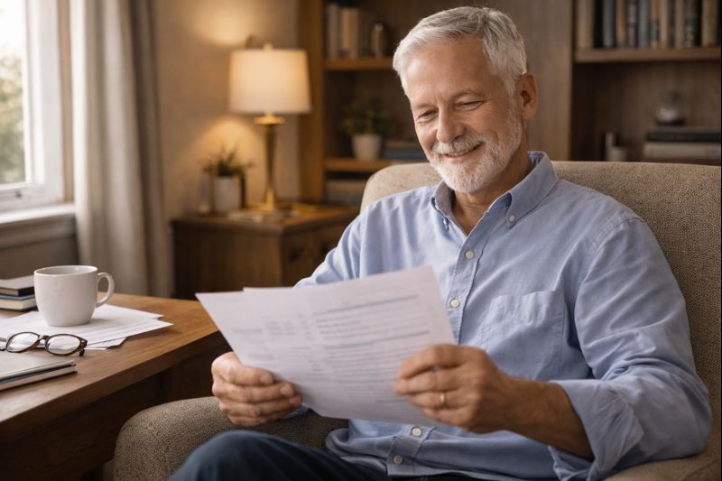 Retiree reviewing financial documents with peaceful expression representing guaranteed retirement income security through proper planning