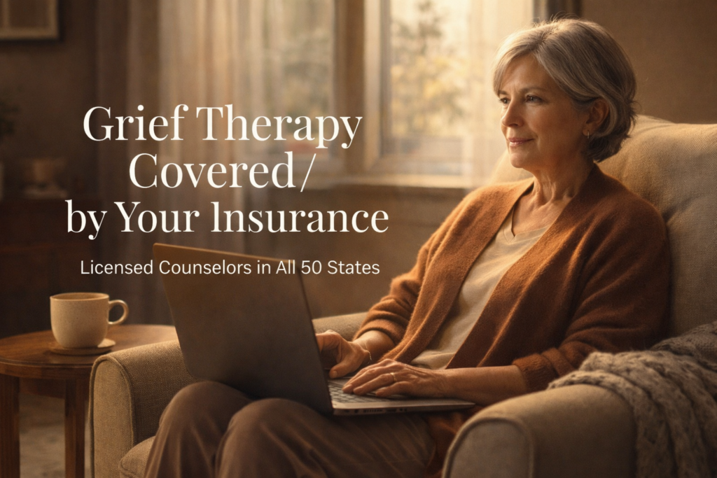 Woman in her 60s attending an online grief therapy session from home on her laptop in a warm, sunlit living room