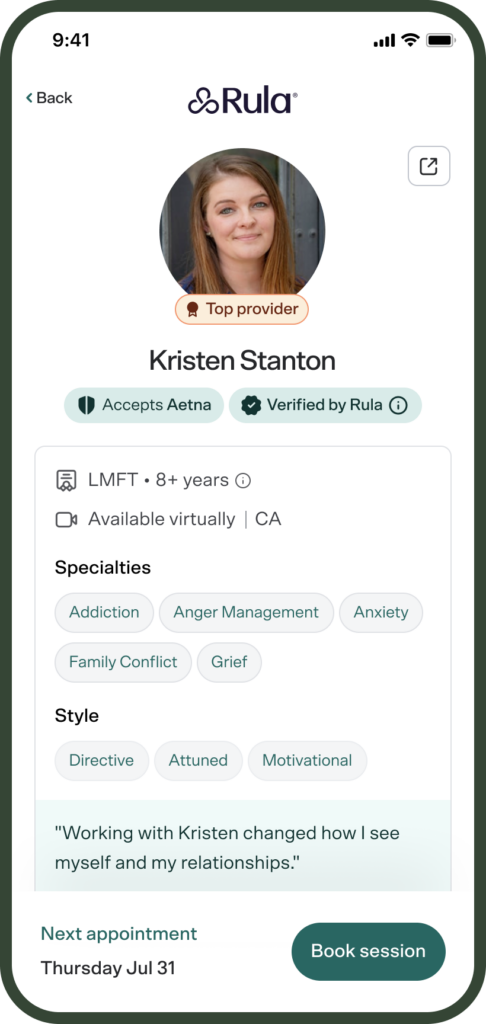 Rula mobile app showing a licensed grief therapist profile with insurance acceptance badge, specialties, credentials, and patient review