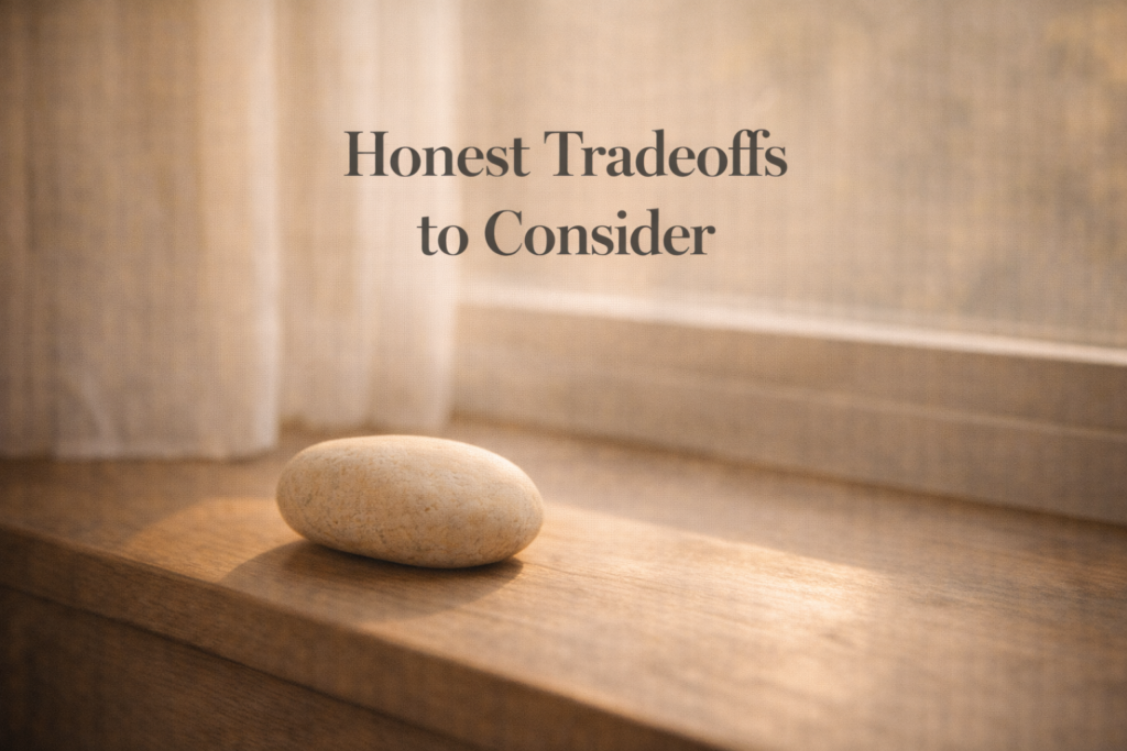 Single smooth solidified remains stone resting on a natural wood windowsill with soft morning light filtering through a sheer curtain, conveying peace and resolution