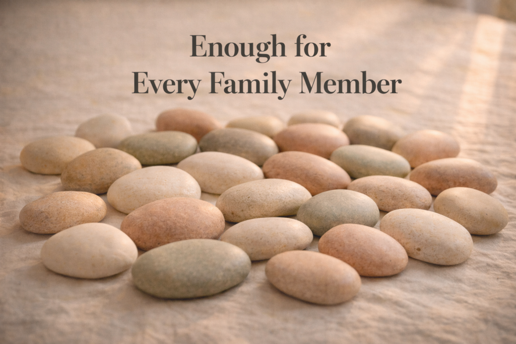 Collection of solidified remains stones in varied natural earth tones arranged on cream linen surface, showing abundance of stones available for sharing among family members
