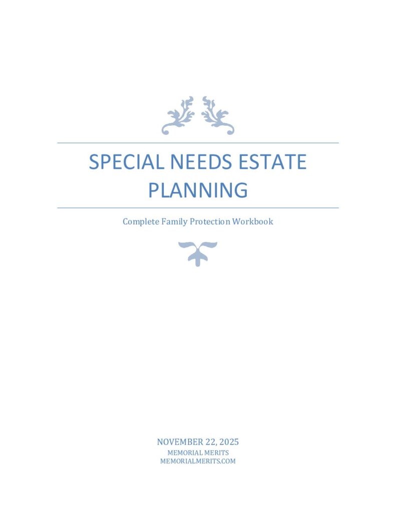 First page preview of the Special Needs Estate Planning Workbook from Memorial Merits covering comprehensive estate planning for families with disabled dependents
