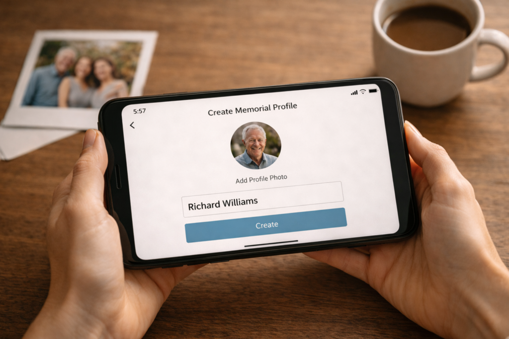Hands holding smartphone displaying Turning Hearts digital memorial profile setup screen on wooden table beside a printed family photo in warm natural light