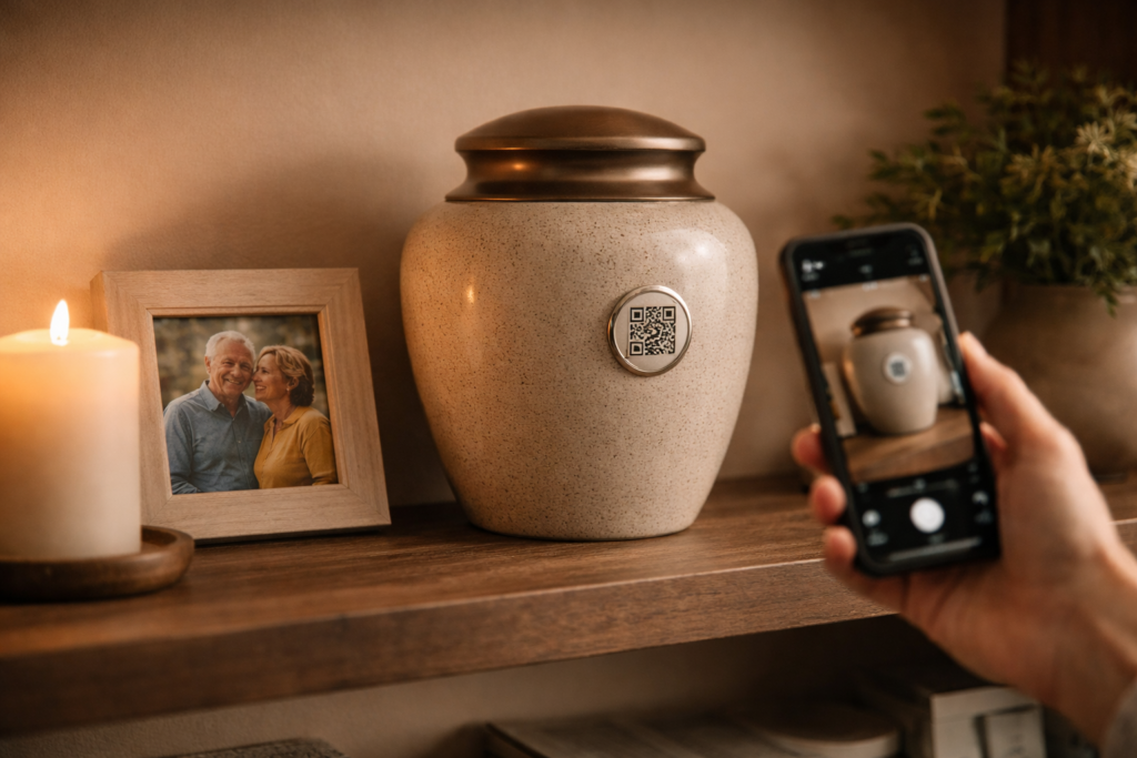 Hand scanning a Turning Hearts QR memorial medallion adhered to a ceramic urn on a home memorial shelf with framed photo and candle